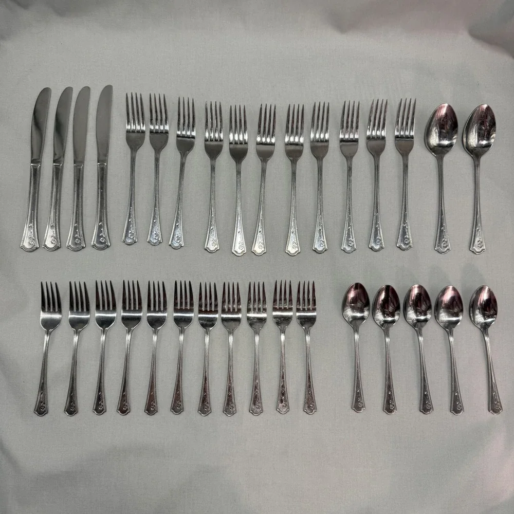 Estia Rosette 33 pc Replacement Flatware Long Stem Rose Beaded Trim Discontinued